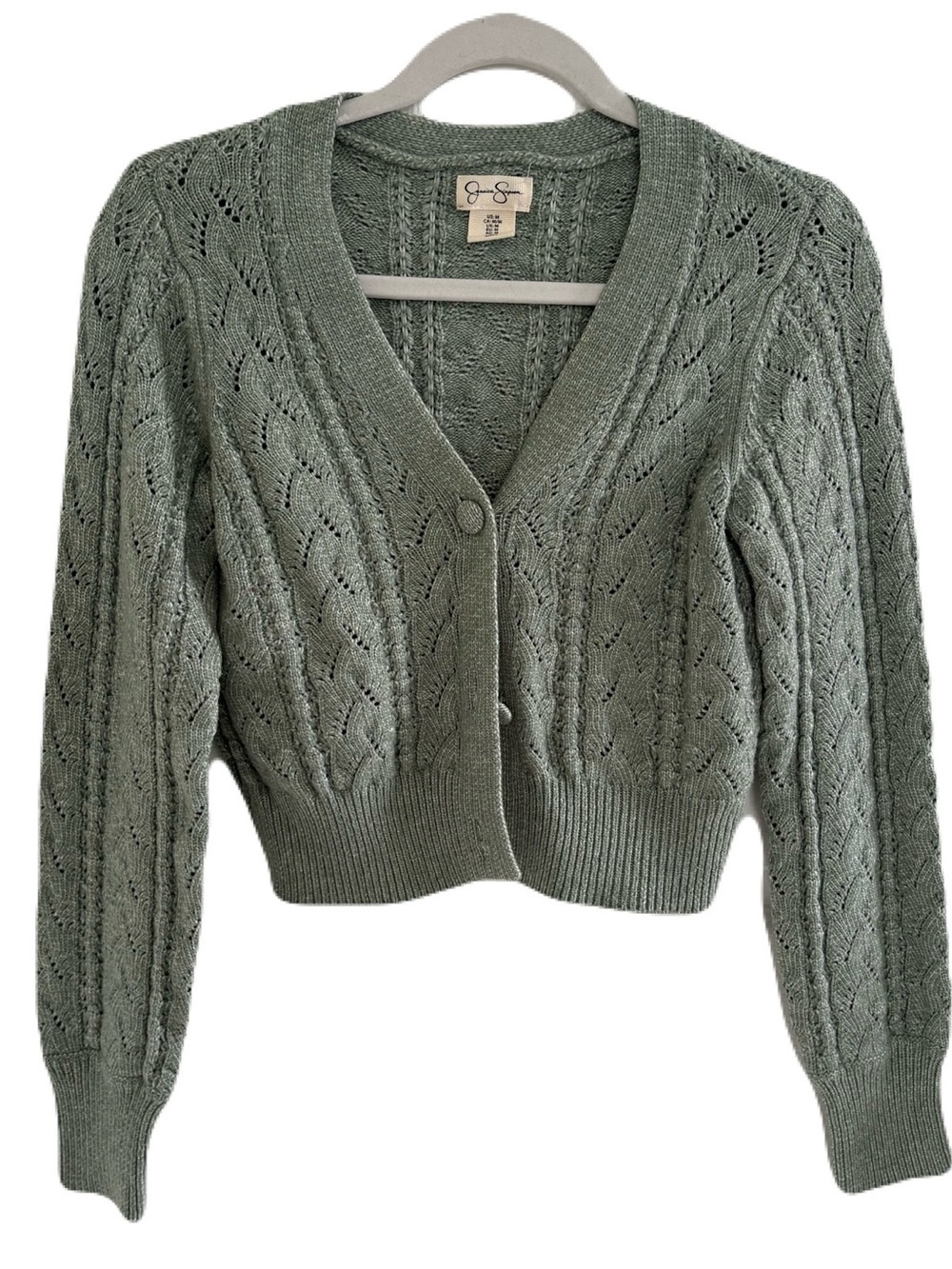Jessica Simpson Sage Green Open-Knit Button Cardigan